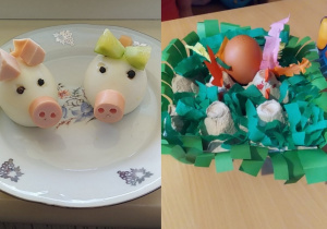 Dwa zdjęcia - pierwsze przedstawia świnkę z jajek i parówki, drugie jajko w koszyczku